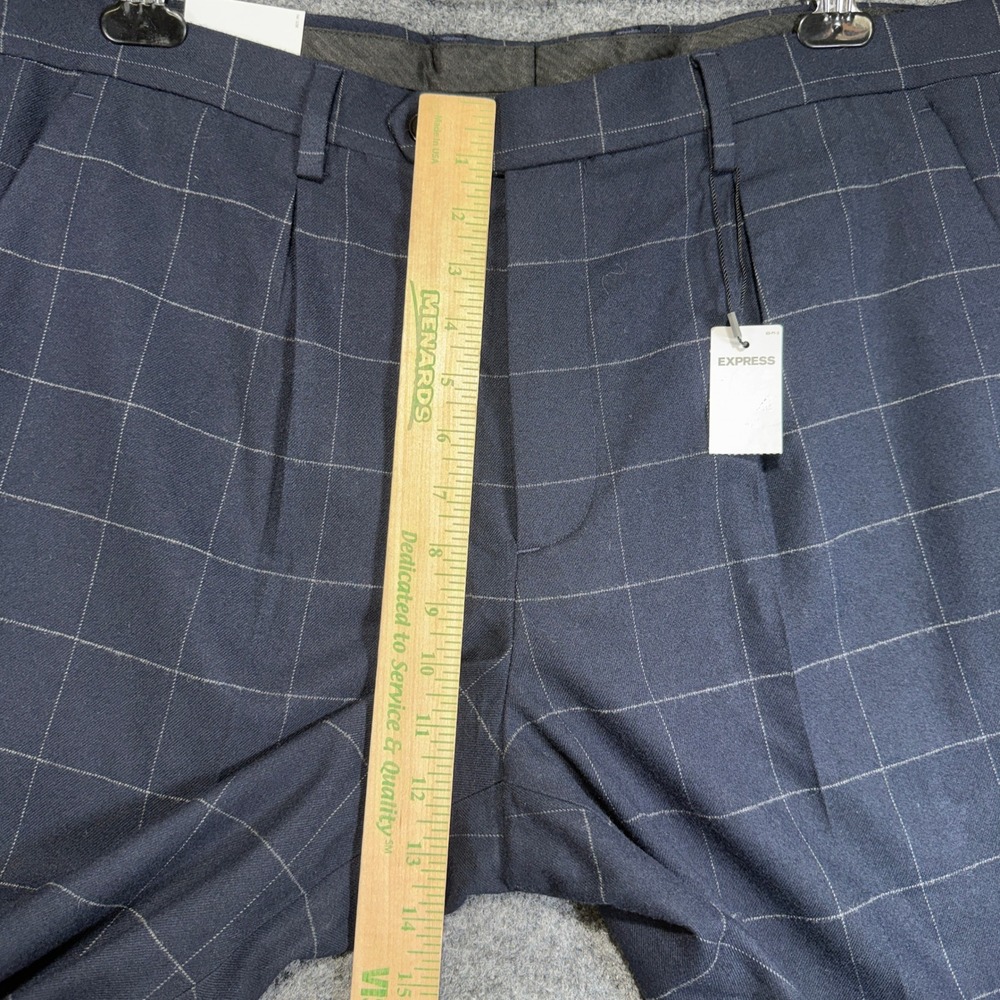 Express Slim Pleated Dress Pants Mens 36x34 Blue Windowpane Plaid Cotton Stretch - Picture 11 of 16